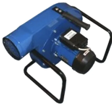 Luchtkanalen reinigen met professionele apparatuur: blauwe afzuigventilator met draagframe voor onderdruk tijdens kanaalreiniging (productkaart)