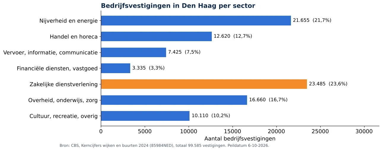 Luchtkanalen reinigen in Den Haag: aantal bedrijfsvestigingen per sector volgens CBS 2024 (grafiek)