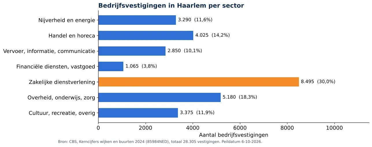 Luchtkanalen reinigen in Haarlem: aantal bedrijfsvestigingen per sector volgens CBS 2024 (grafiek)