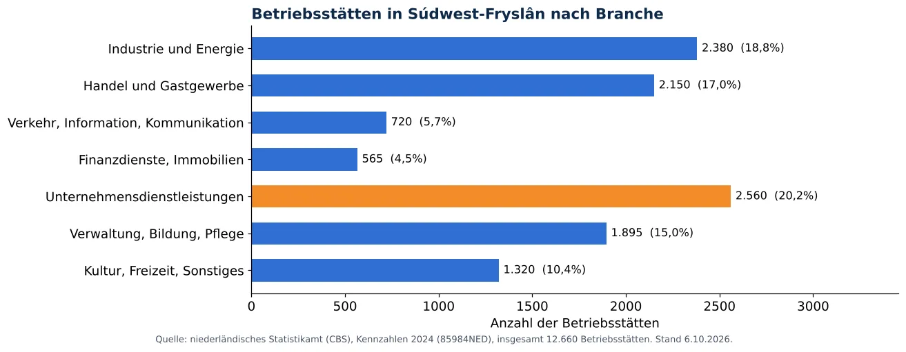 Lüftungskanalreinigung in Súdwest-Fryslân: anzahl der Betriebsstätten je Branche laut CBS 2024 (Grafik)